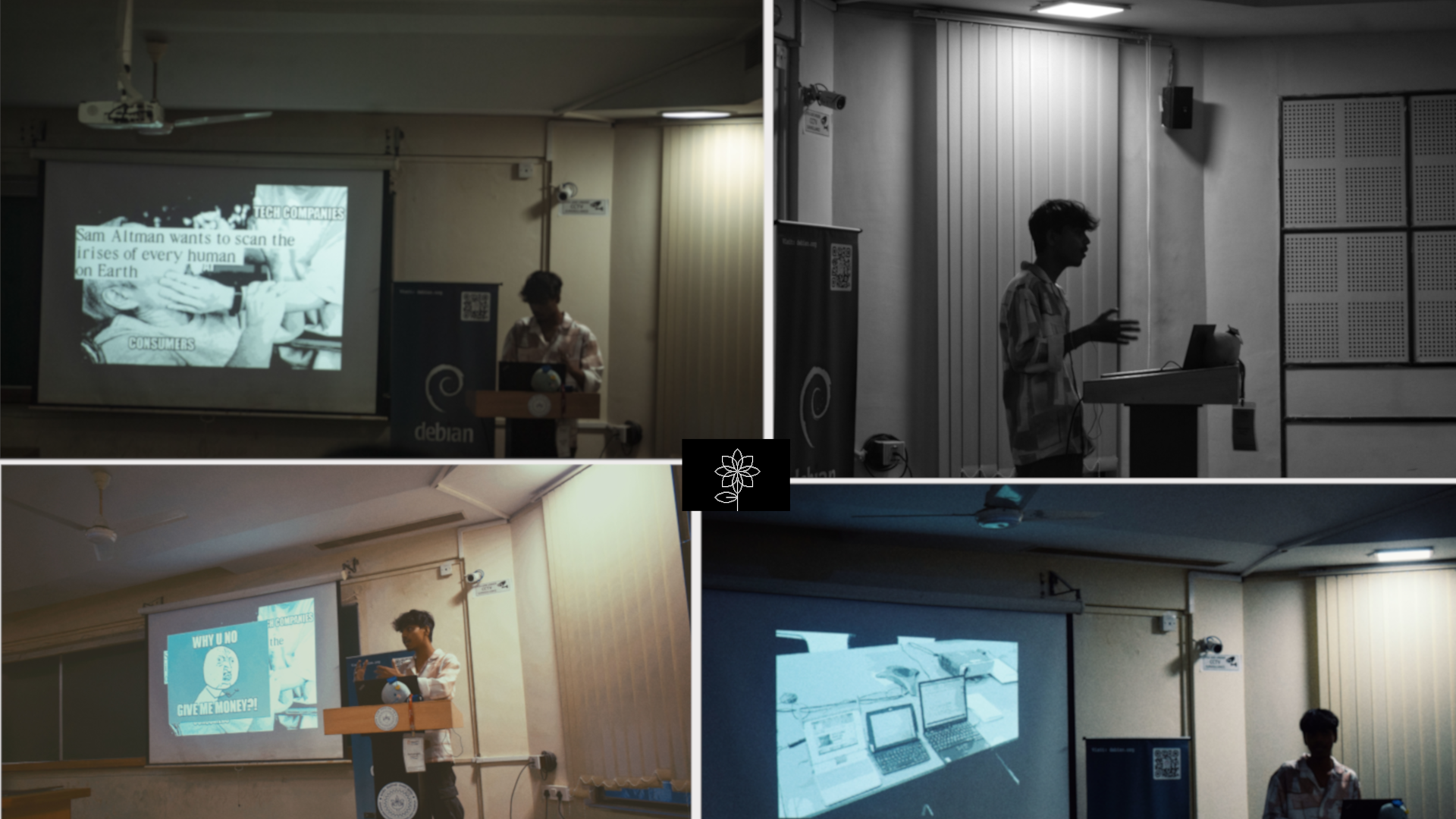A Collage of pictures of me giving the Permacomputing talk :